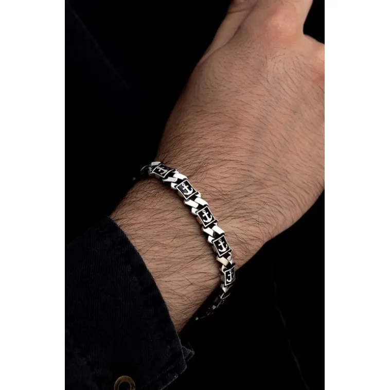 Erkek Gümüş Bileklik -Çapa Motifli Kare Model Gümüş Bileklik