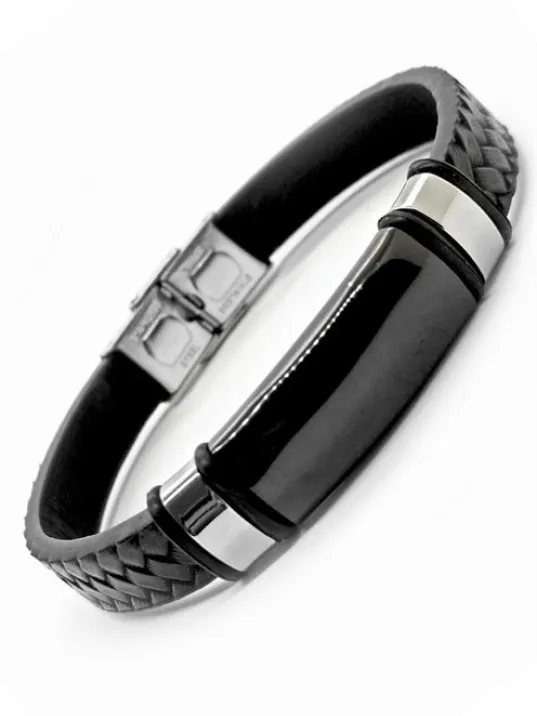 Kişiye Özel İsimli Örme Deri Siyah Erkek Çelik Bileklik Künye CBLKSYZLCLK-SYH