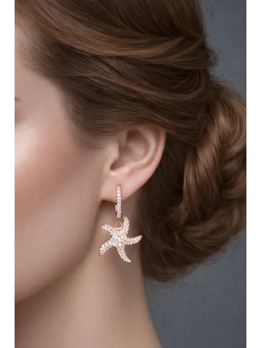 Kadın Gümüş Küpe - Deniz Yıldızı Model Rose Kaplama Zirkon Taşlı Gümüş Küpe