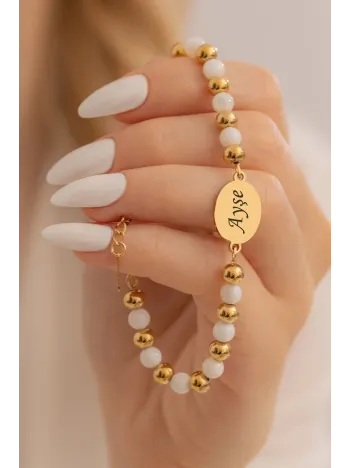 Kadın Çelik Bileklik - Beyaz Kuvars Taşı Çelik Lak Kaplamalı İsim Harf Yazılabilir Kadın Bileklik