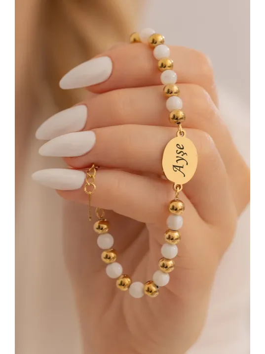 Kadın Çelik Bileklik - Beyaz Kuvars Taşı Çelik Lak Kaplamalı İsim Harf Yazılabilir Kadın Bileklik Kadın Çelik Bileklik - Beyaz Kuvars Taşı Çelik Lak Kaplamalı İsim Harf Yazılabilir Kadın Bileklik