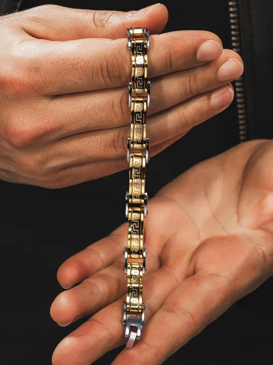 Grek Dalgalı Çelik Sarı Erkek Bileklik Künye Cblaltgrek1