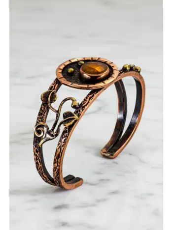 Kadın Bakır Bileklik - Sarı Akik Yaprak Motifli Kadın Bilezik Doğal Taşlar ve Metal Kutulu