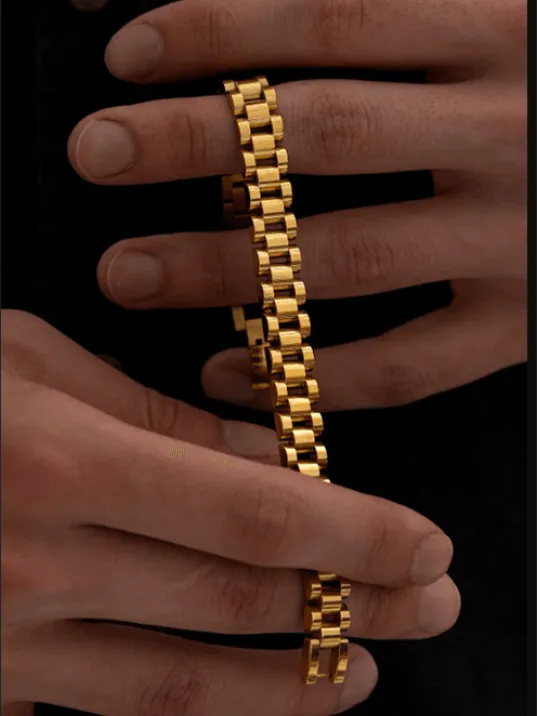 Erkek Çelik Bileklik Sarı Altın Kaplama Lüks Bukle Ince Model