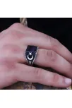 Siyah Oniks Kare Taşlı Ay Yıldız İşlemeli Özel Seri Erkek Gümüş Yüzük