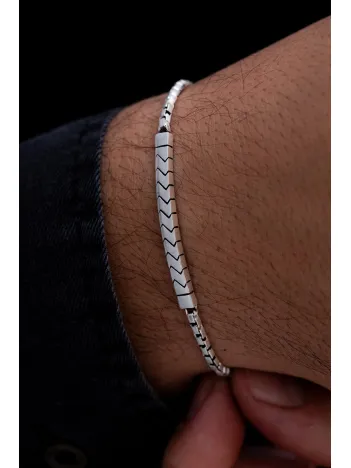 Erkek Gümüş Bileklik - Küp Zincirli Çizgili Model Gümüş Bileklik