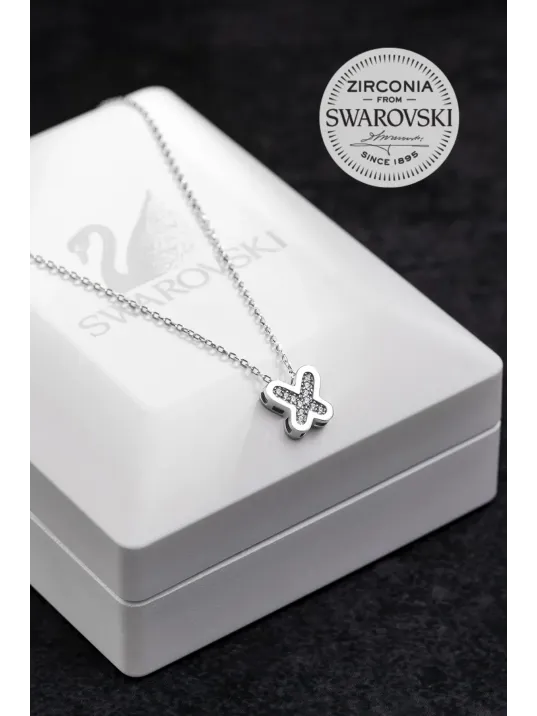 Kadın Gümüş Kolye - Swarovski Taşlı Zirconia X Kelebek Motifli Kadın Kolye