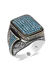 Homero Turkuaz Zirkon Yanı Taşlı İşlemeli Özel Seri Erkek Gümüş Yüzük