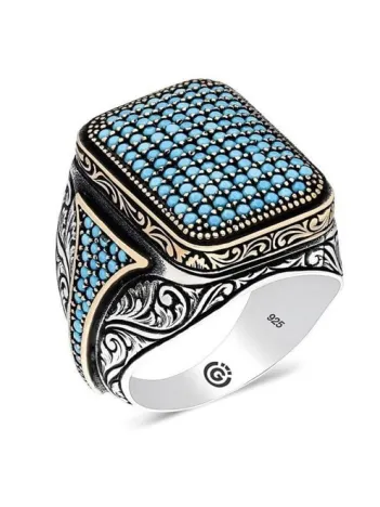 Homero Turkuaz Zirkon Yanı Taşlı İşlemeli Özel Seri Erkek Gümüş Yüzük