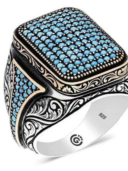 Homero Turkuaz Zirkon Yanı Taşlı İşlemeli Özel Seri Erkek Gümüş Yüzük