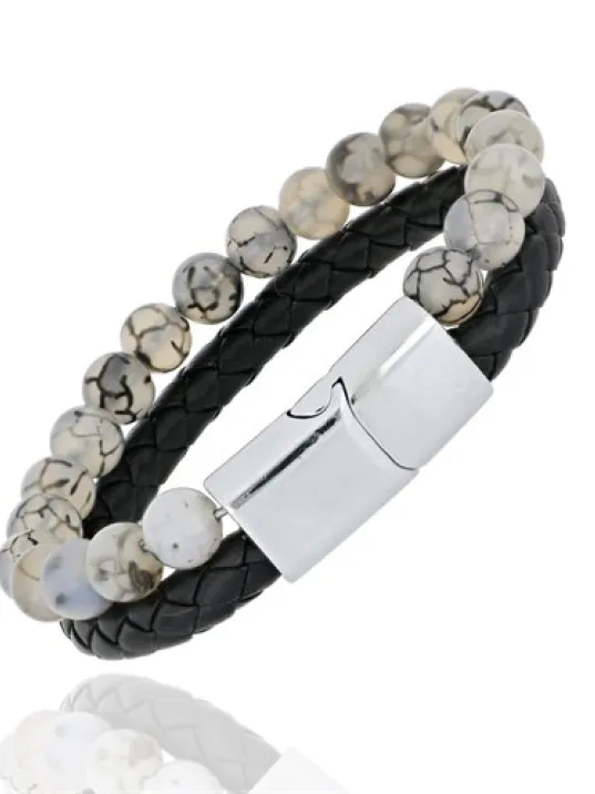 Doğal Taşlı Damarlı Akik Deri Bileklik DBLBYZDAKIK