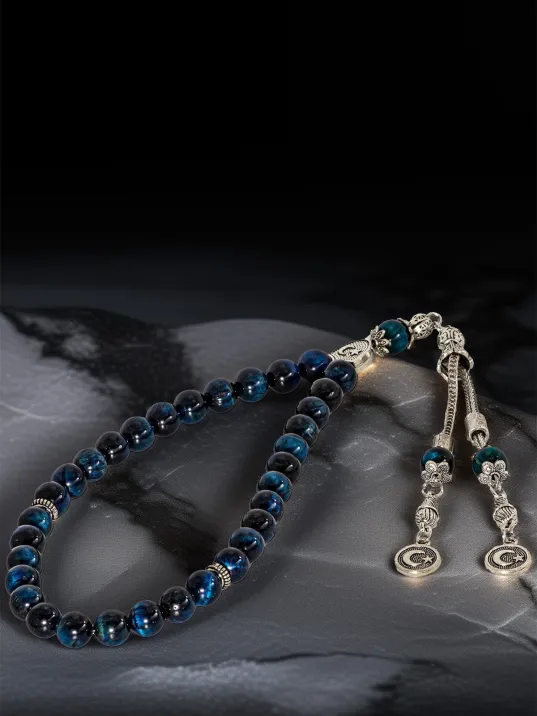 Erkek Doğal Taş Tespih - Doğal Lacivert Parlament Mavisi Kaplangözü Taşlı Ortaboy Tesbih