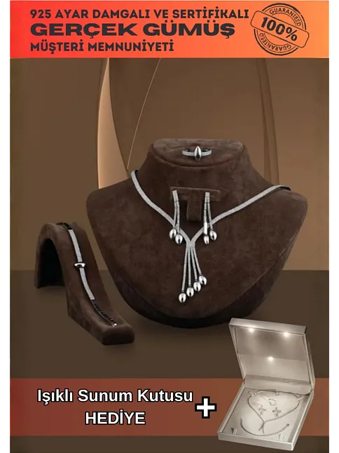 Hera Bayan Zirkon Taşlı Gümüş Su Yolu Set - Kolye, Bileklik, Küpe, Yüzük