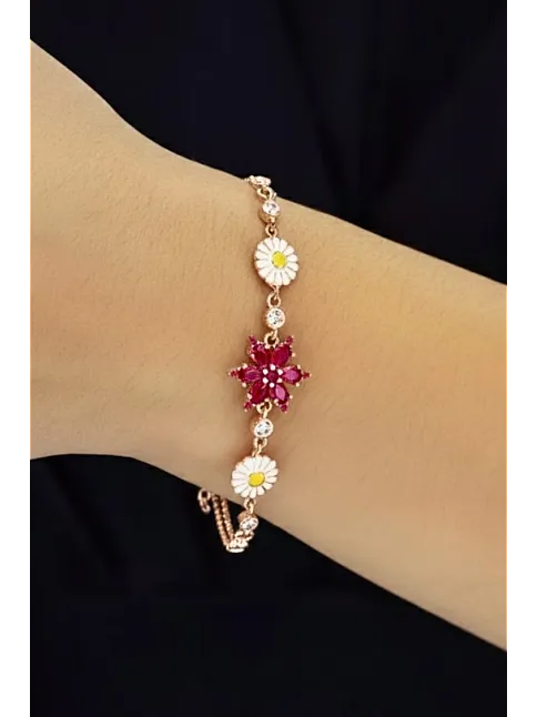 Kadın Gümüş Bileklik - Rose Kaplama Pembe Safir Taşlı Nergis Çiçeği Motifli Bilezik