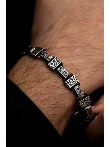 Erkek Gümüş Bileklik - Etnik Desenli Blok Model 2 Gümüş Bileklik Künye