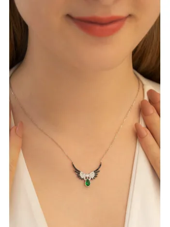 Kadın Gümüş Kolye - Zirkon Ve Zümrüt Taşlı Melek Kanadı Bayan Gümüş Kolye