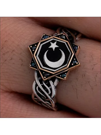 Erkek Gümüş Yüzük - Ay Yıldız Türk Bayrağı Motifli İnce Kibar Erkek Yüzüğü Model 2