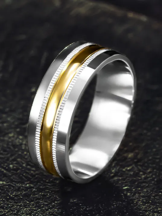 Erkek Gümüş Alyans - Sarı Ve Beyaz Altın İşlemeli Erkek Yüzük