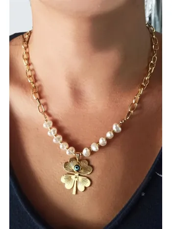 Gold Kaplama Altın Renk İnci Kalpli Nazar Boncuklu Yonca Bijuteri Zincirli Kolye