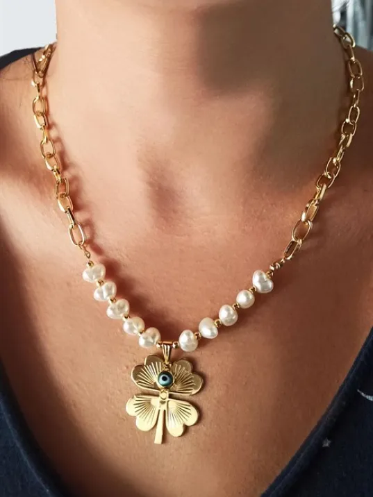 Gold Kaplama Altın Renk İnci Kalpli Nazar Boncuklu Yonca Bijuteri Zincirli Kolye Gold Kaplama Altın Renk İnci Kalpli Nazar Boncuklu Yonca Bijuteri Zincirli Kolye