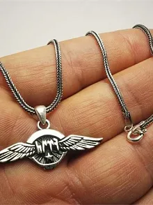 Göktürkçe Türk Yazılı Ay Yıldızlı Kanatlı Erkek Gümüş Kolye Zincir