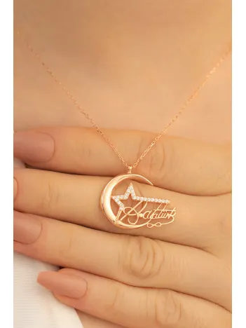 Kadın Gümüş Kolye - Zirkon Taşlı Rose Kemal Atatürk Imzalı Ay Yıldız Gümüş Kolye Gklayyldzm4-ros