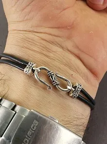 Türk Yazılı Erkek Deri Gümüş Bileklik Yeşil Mineli Otantik Model