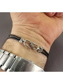 Türk Yazılı Erkek Deri Gümüş Bileklik Yeşil Mineli Otantik Model