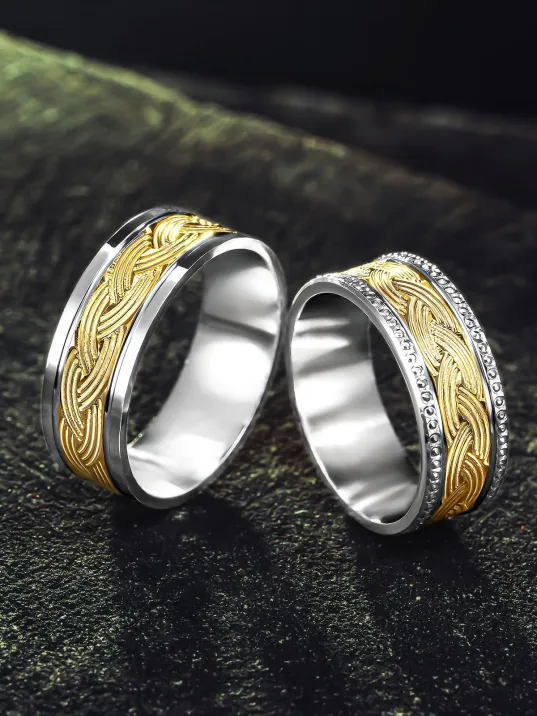 Erkek Kadın Gümüş Alyans – Altın Kaplama Örgü Desenli Şık ve Zarif Tasarım Erkek Kadın Yüzük