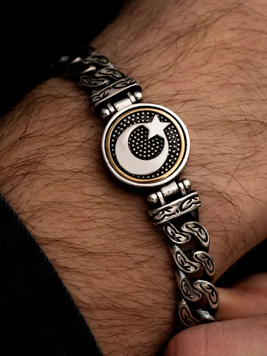 Erkek Gümüş Bileklik - Ortası Dönen Ayyıldız Model Gurmet Zincir Gümüş Bileklik Künye Erkek Gümüş Bileklik - Ortası Dönen Ayyıldız Model Gurmet Zincir Gümüş Bileklik Künye