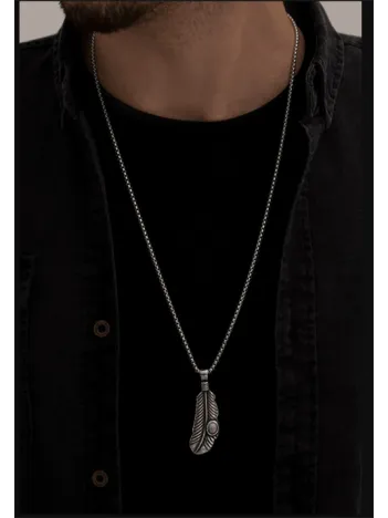 Erkek Kolye - Tüy Model Turkuaz Taşlı Erkek Çelik Kolye - 316 L Paslanmaz Çelik