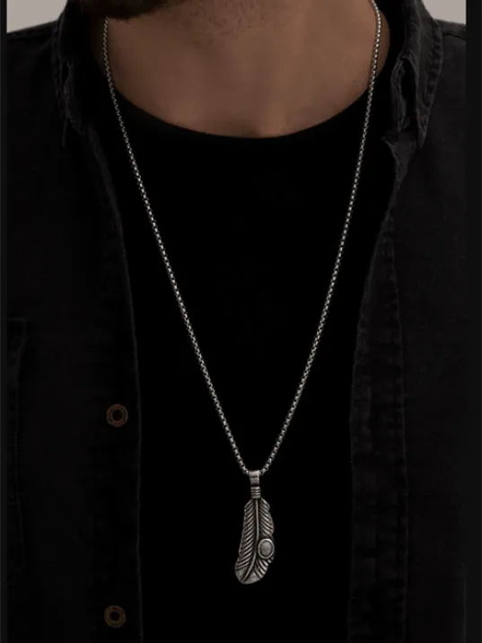 Erkek Kolye - Tüy Model Turkuaz Taşlı Erkek Çelik Kolye - 316 L Paslanmaz Çelik