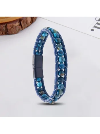 Erkek Doğaltaş Bileklik - 6Mm Damarlı Mat Mavi Akik Taşlı Deri Kordon Ve Çelik Bileklik
