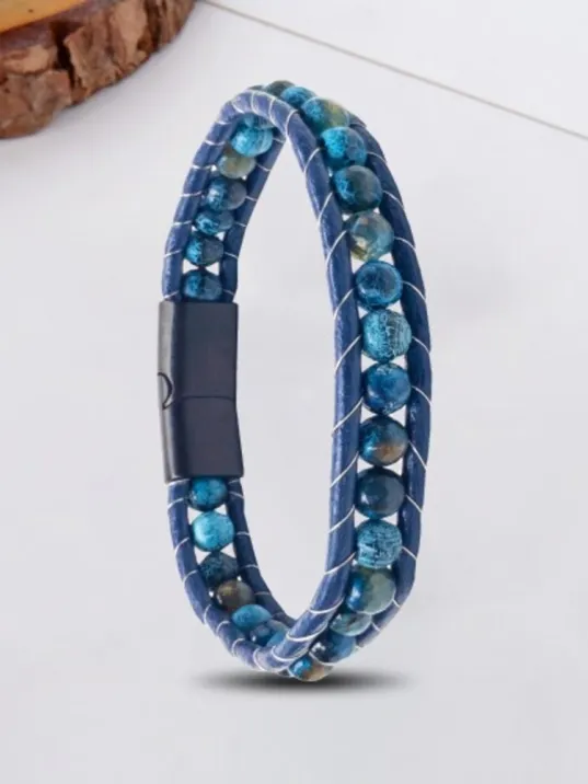 Erkek Doğaltaş Bileklik - 6Mm Damarlı Mat Mavi Akik Taşlı Deri Kordon Ve Çelik Bileklik