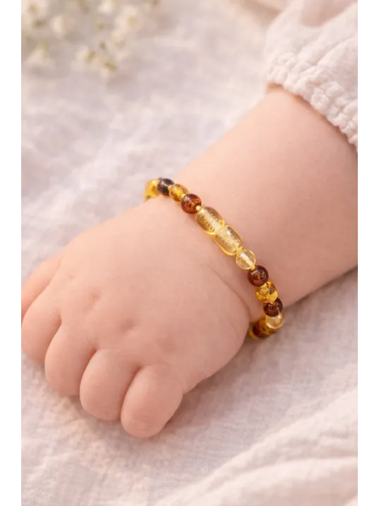Bebek Kehribar Bileklik - Sarı Kehribar Doğal Taşlı Bebek Künye Bileklik