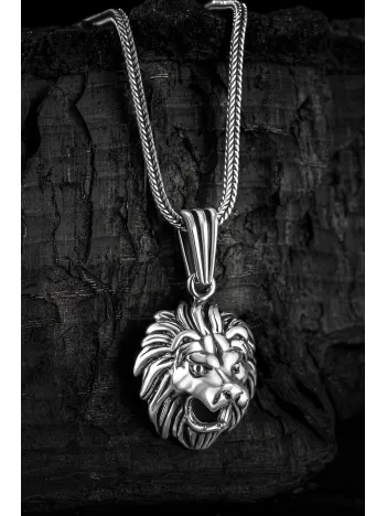 Erkek Gümüş Kolye - Tilki Kuyruğu Zincirli Aslan Kafası Model 2 Figürlü Erkek Kolye