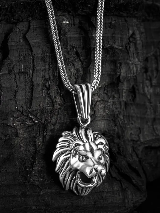 Erkek Gümüş Kolye - Tilki Kuyruğu Zincirli Aslan Kafası Model 2 Figürlü Erkek Kolye