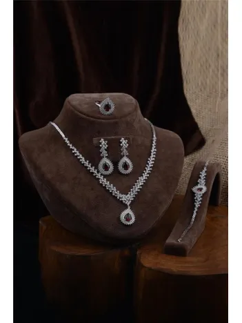 Çise Bayan Yakut Taşlı Gümüş Su Yolu Set - Kolye, Bileklik, Küpe, Yüzük