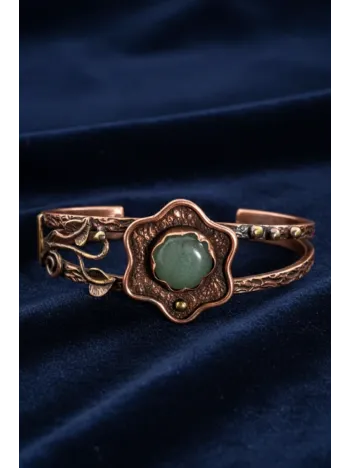 Kadın Bakır Bileklik - Yeşil Aventurin Taşlı Çiçek Model Kadın Bilezik Metal Kutu ve Doğal Taşlar