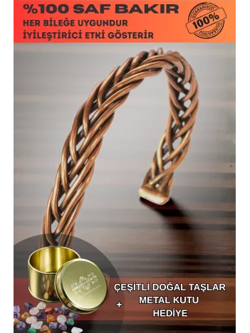 Erkek Kadın Bakır Bileklik - Örgü Model 3 Kelepçe Bileklik Bilezik Metal Kutu Ve Doğal Taş