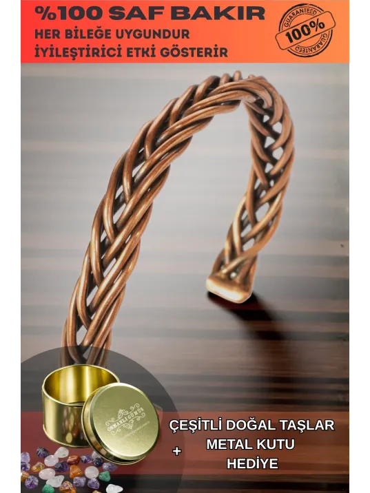 Erkek Kadın Bakır Bileklik - Örgü Model 3 Kelepçe Bileklik Bilezik Metal Kutu Ve Doğal Taş