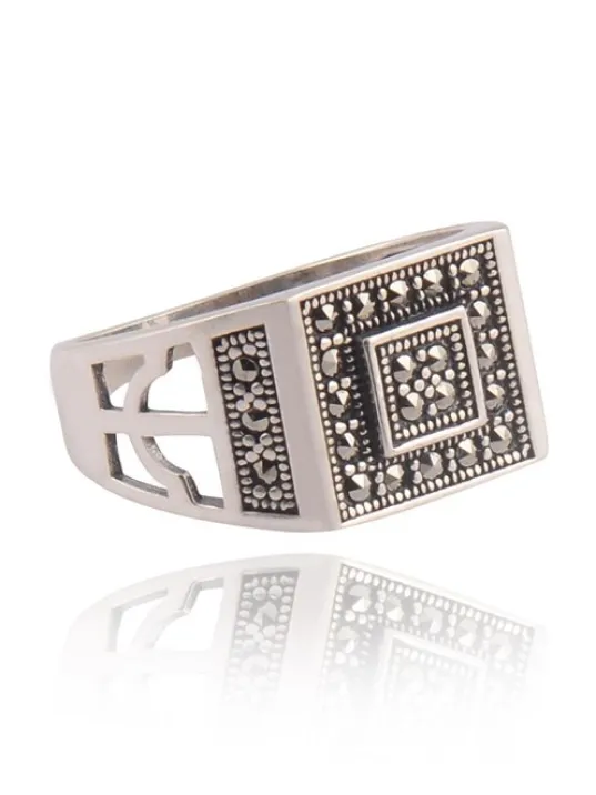 Markazit Kare Model Taşlı Erkek Gümüş Yüzük