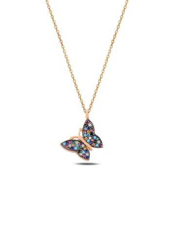 Mix Taşlı Rose Renk Kelebek Bayan Gümüş Kolye GKLKLBKRSM3-ROS