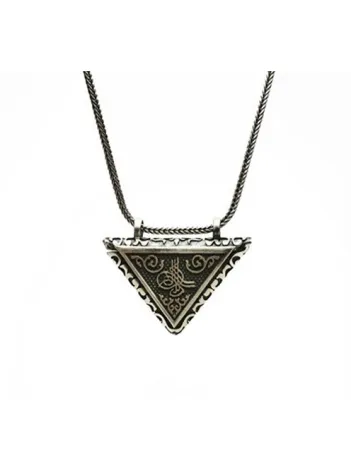 Küçük Boy Üçgen Gümüş Cevşen Muska Haznesi Erkek Kolye Zincir