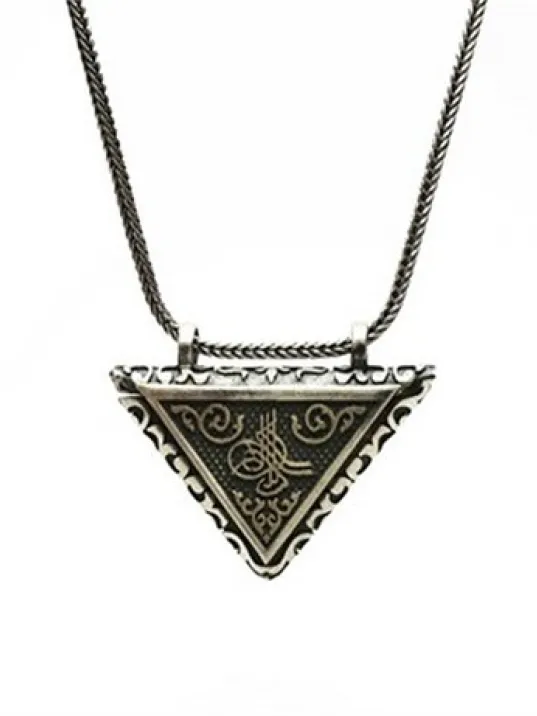 Küçük Boy Üçgen Gümüş Cevşen Muska Haznesi Erkek Kolye Zincir