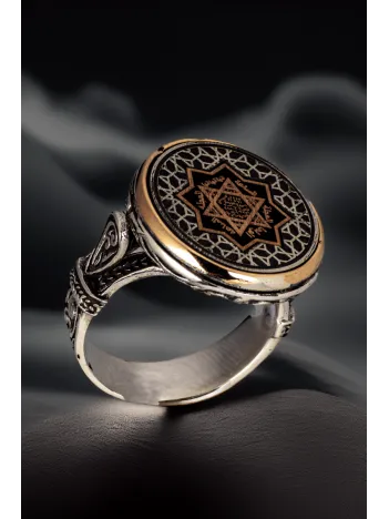 Erkek Yuvarlak Model Hz Süleyman Mührü İşlemeli 925 Ayar Gümüş Yüzük