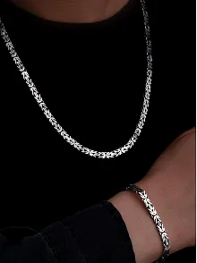 Erkek Gümüş Kolye Bileklik Set - 5.5mm Dikdörtgen Kesim Yassı Kral Gümüş Kolye Bileklik Set