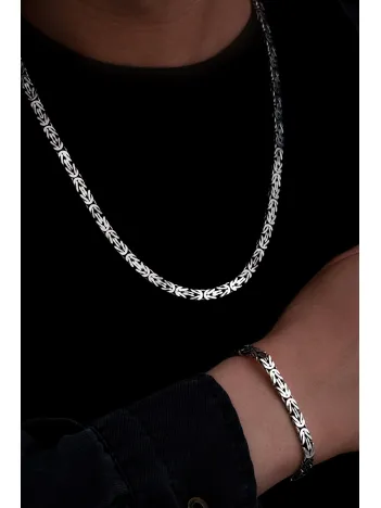 Erkek Gümüş Kolye Bileklik Set - 5.5mm Dikdörtgen Kesim Yassı Kral Gümüş Kolye Bileklik Set