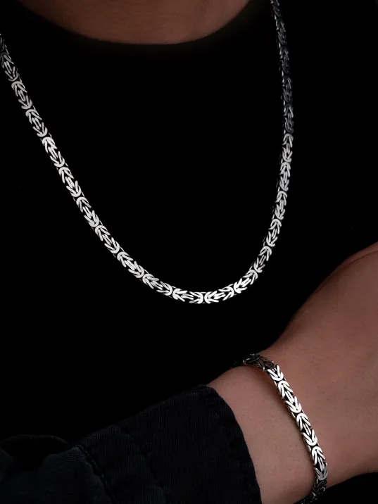 Erkek Gümüş Kolye Bileklik Set - 5.5mm Dikdörtgen Kesim Yassı Kral Gümüş Kolye Bileklik Set