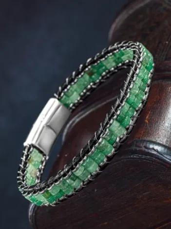 Erkek Kadın Yeşil Hematit Taşlı Deri Kordon Doğal Taş Bileklik